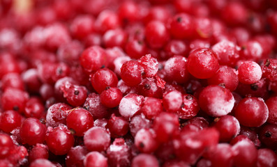 Frozen mixed berries as background. Currant mulberry texture pattern. Diet vegetarian food in winter.