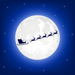 Santa Claus is flying in a sleigh on the northern Christmas deer