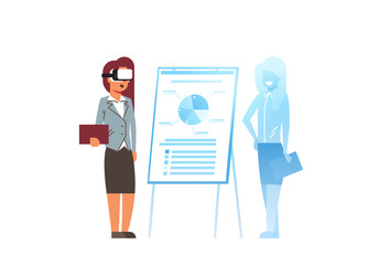 businesswoman wear digital glasses virtual reality woman flip chart financial presentation business report vr vision headset concept flat horizontal