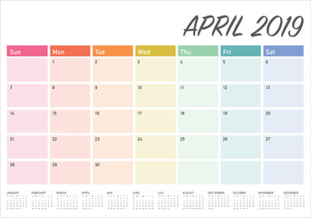 April 2019 desk calendar vector illustration