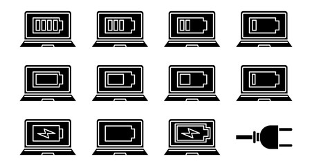 Laptop battery charging glyph icons set