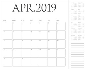 April 2019 desk calendar vector illustration