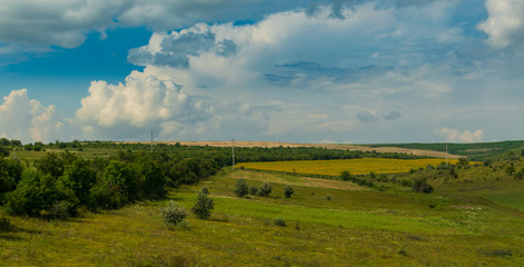 Fototapeta premium rural landscape. hills and ravines in crops under a stormy sky. summer in the countryside