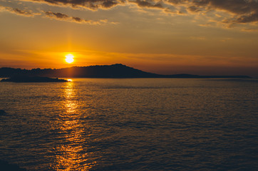 Naklejka premium Seascape with cloudy sky at sunset. Fethie Beach. Mediterranean Sea, Antalya Province, Lycia, Anatolia Peninsula, Mediterranean Coast, Turkey,