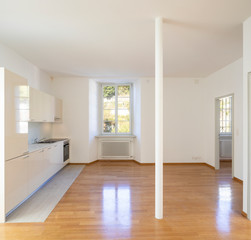 Modern kitchen in the house with parquet, nobody inside and all is new.