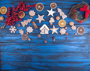 Christmas New Year background with gingerbread cookies. Top view. Copy space.