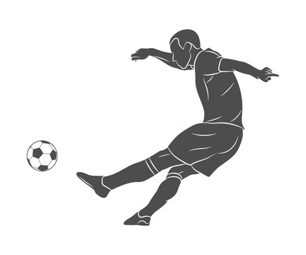 Silhouette soccer player quick shooting a ball on a white background