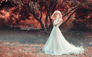 A girl in a transparent dress, in lingerie, against the background of a fairy-tale forest, adjusts...