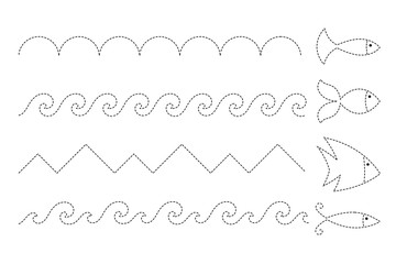 drawing worksheet for preschool kids with easy gaming level of difficulty. Simple educational game with fishes and waves different shapes for children
