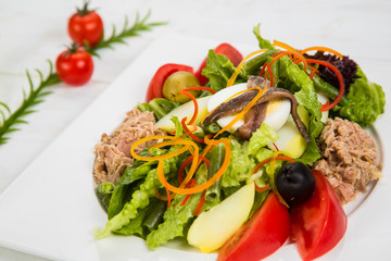 tuna, anchovies, eggs. green been, slices of sweet yellow pepper, red onion, black olives and tomatoes tasty salad on the white plate