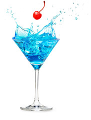 cherry falling into a blue cocktail splashing isolated on white