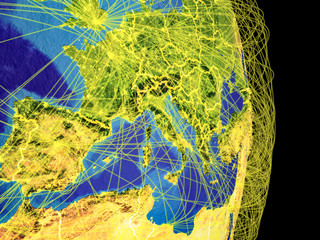 Southern Europe on Earth with trajectories representing international communication, travel, connections.