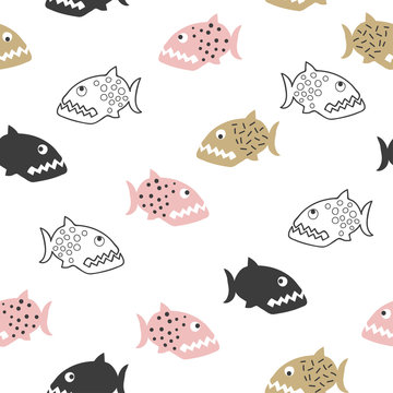 Seamless cartoon piranha pattern. Vector fish background for kids.