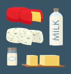 Set of Milk and Dairy Products in Cartoon Style