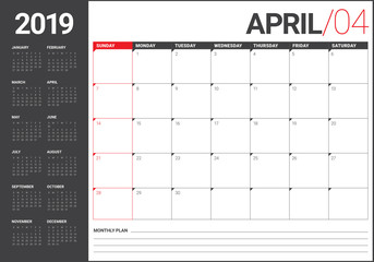 April 2019 desk calendar vector illustration