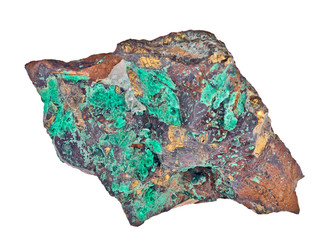 pyrite in malachite mineral on white