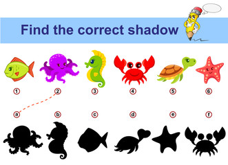 Find correct shadow. Kids educational game. Sea animals