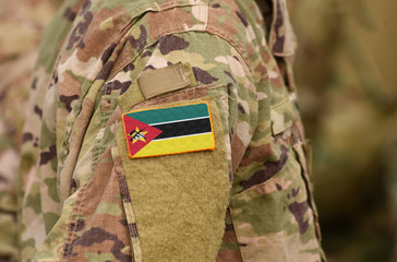Mozambique flag on soldiers arm. Mozambique troops (collage)