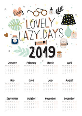 Cute 2019 Calendar. Yearly Planner Calendar with all Months. Good Organizer and Schedule. Bright colorful illustration with motivational quotes. Vector background