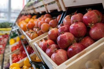 Pomegranate at a showcase in a supermarket