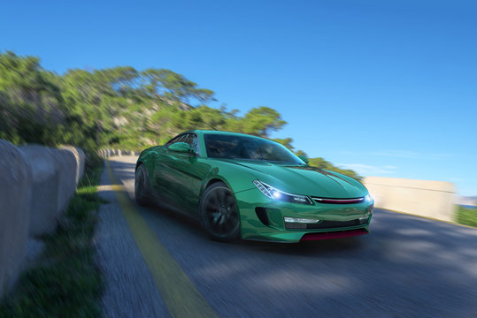 3d render of a generic coupe drifting on a road at mallorca island