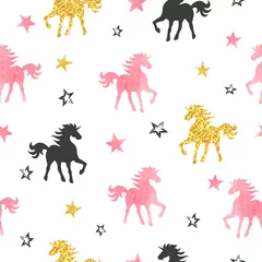 Stickers pour porte Licorne Motif de licorne sans couture. Fond de vecteur avec des licornes aquarelles et des étoiles.