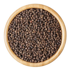 Black pepper corns in wooden bowl isolated on white background with clipping path