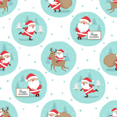 Seamless Merry Christmas pattern with cute Santa Claus. Wrapping paper design.