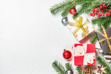 Fototapeta na wymiar Christmas background with present box and decorations.
