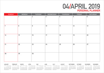 April 2019 desk calendar vector illustration