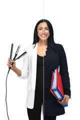 Girl in two occupations of hairdresser and businesswoman.