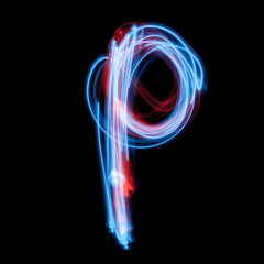 Letter P of the alphabet made from neon sign. The blue light image, long exposure with colored fairy lights, against a black background - obrazy, fototapety, plakaty