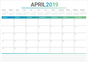 April 2019 desk calendar vector illustration