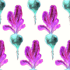 Watercolor Vegan Pattern. Seamless Hand Drawn  Vegetables. Healthy Food Print. Gardening Background. Greenery Repeatable Design for Menu, Restaurant, Salat Bar, Farmers Market. Beetroot. Vegetarian.