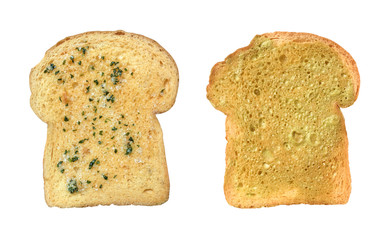Garlic and herb bread slices isolated on white background