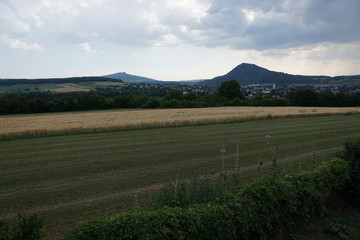 Wiese in Süddeutschland mit Vulkanen und Blick auf die Schweiz