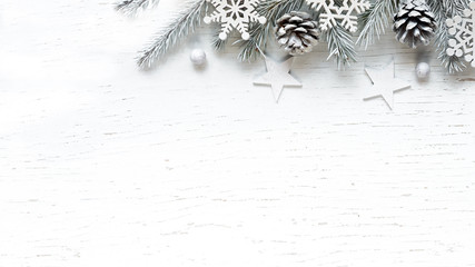 Christmas white Fir tree branches with white pine cones.