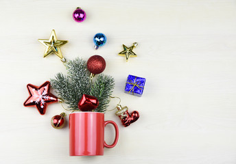 Fototapeta na wymiar Flat lay,style Minmal coffee cup of Christmas decorations Red and gold balls Gift Box Heart in Christmas day