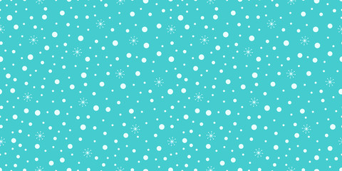 Snow falling repeated texture. Winter seamless pattern. Vector snowflakes background. Can use for Christmas, New Year designs, vacation decor, textile, fabric, wrapping paper. turquoise color.
