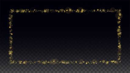 Christmas  Vector Background with Gold Falling Snowflakes Isolated on Transparent Background. Realistic Snow Sparkle Pattern. Snowfall Overlay Print. Winter Sky. Design for Party Invitation.