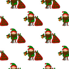 Seamless pattern with Cute funny cartoon character christmas elf with long scarf holding gift bag and handbell