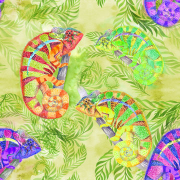 Chameleons. Watercolor background image. Seamless pattern. Use printed materials, signs, items, websites, maps, posters, postcards, packaging.