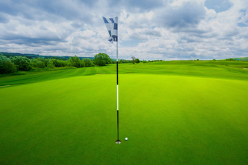 Obraz premium golf ball in the green grass close to the hole