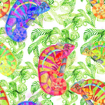 Chameleons. Watercolor background image. Seamless pattern. Use printed materials, signs, items, websites, maps, posters, postcards, packaging.