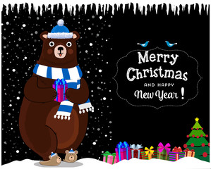 christmas, new year greeting card of cartoon bear in santa hat with gift on night snowy background.
