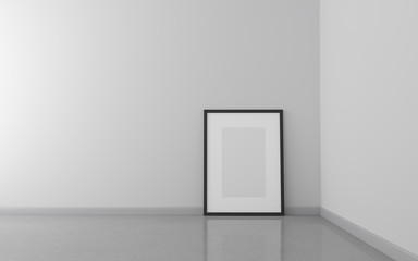 Minimalistic white interior background. Poster mockup with concrete floor and clean white wall. 3d illustration.