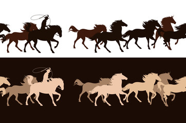 Obraz premium cowboy chasing a herd of wild mustang horses - horizontally seamless vector border design