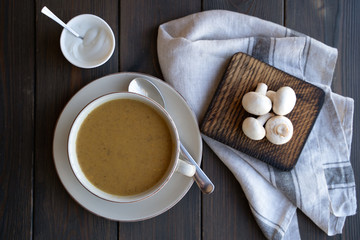 A bowl of delicious homemade cream of mushroom soup.