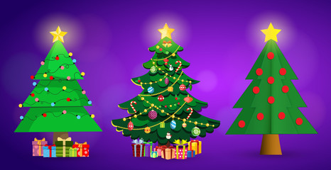 Set of cute cartoon Christmas fir trees on purple background