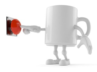 Mug character pushing button on white background